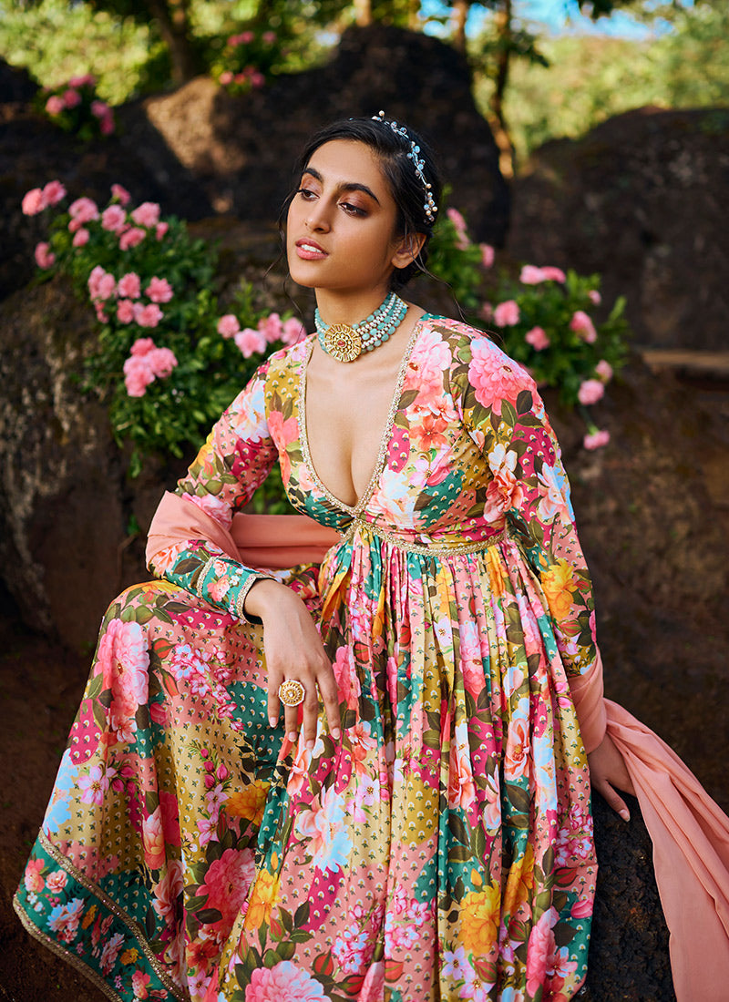 Multi Floral Printed Peplum Style Anarkali