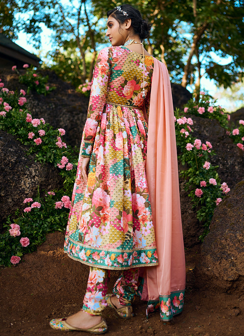 Multi Floral Printed Peplum Style Anarkali