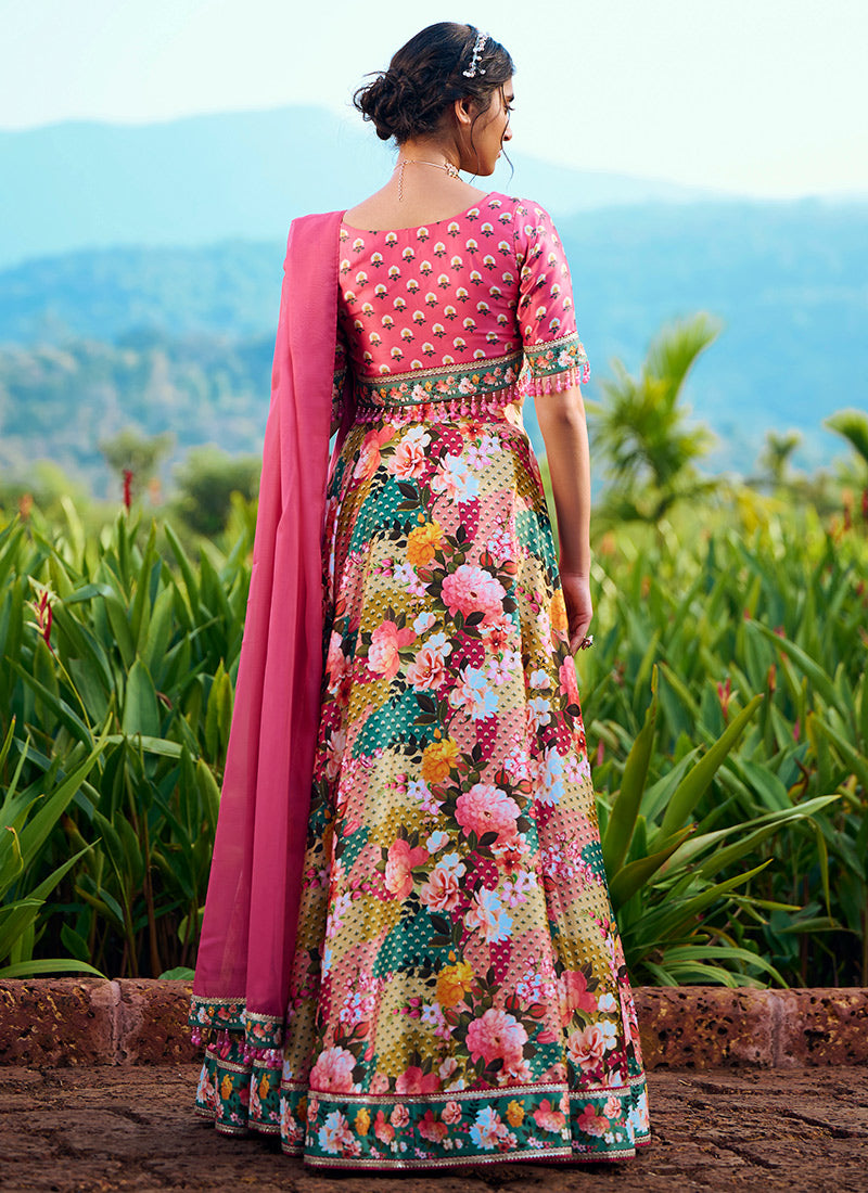 Hot Pink Multi Floral Printed Lehenga