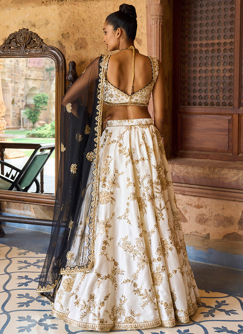 Off White and Black Embroidered Satin Lehenga