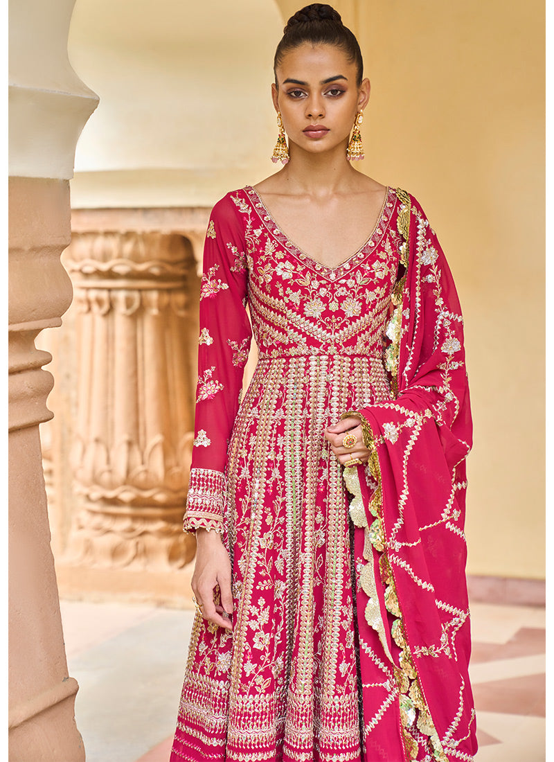 Hot Pink Embroidered Georgette Anarkali