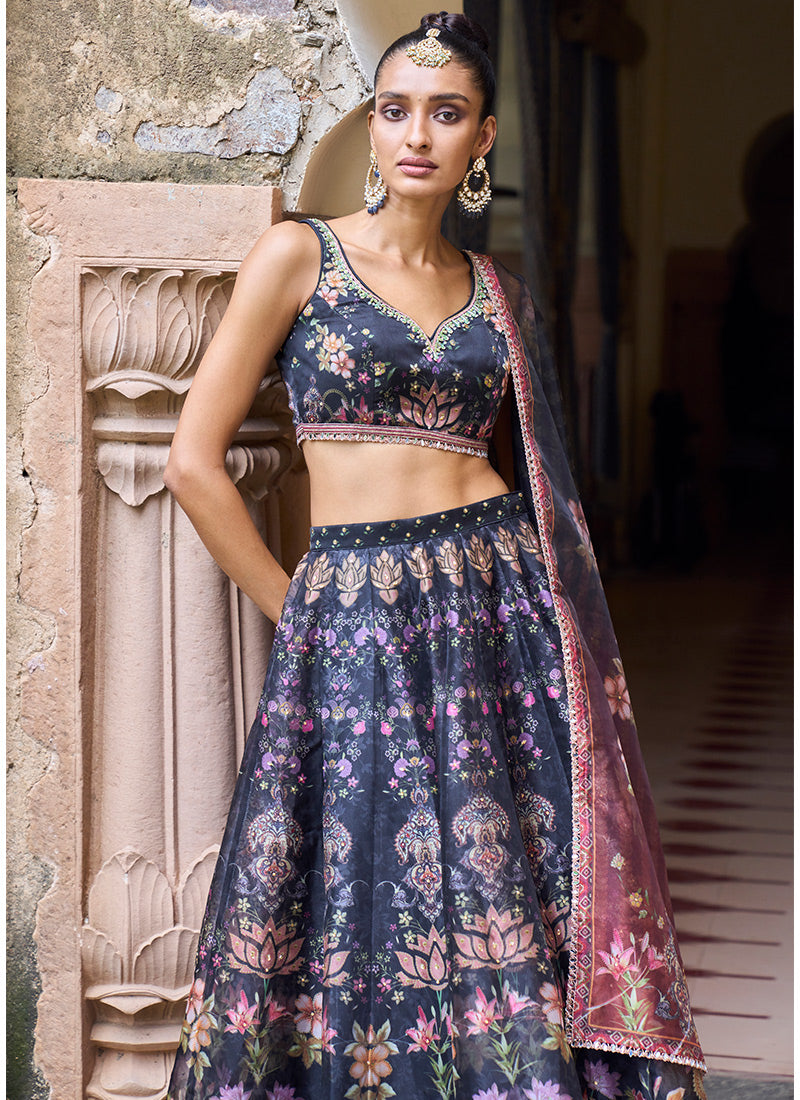 Black Printed Organza Lehenga
