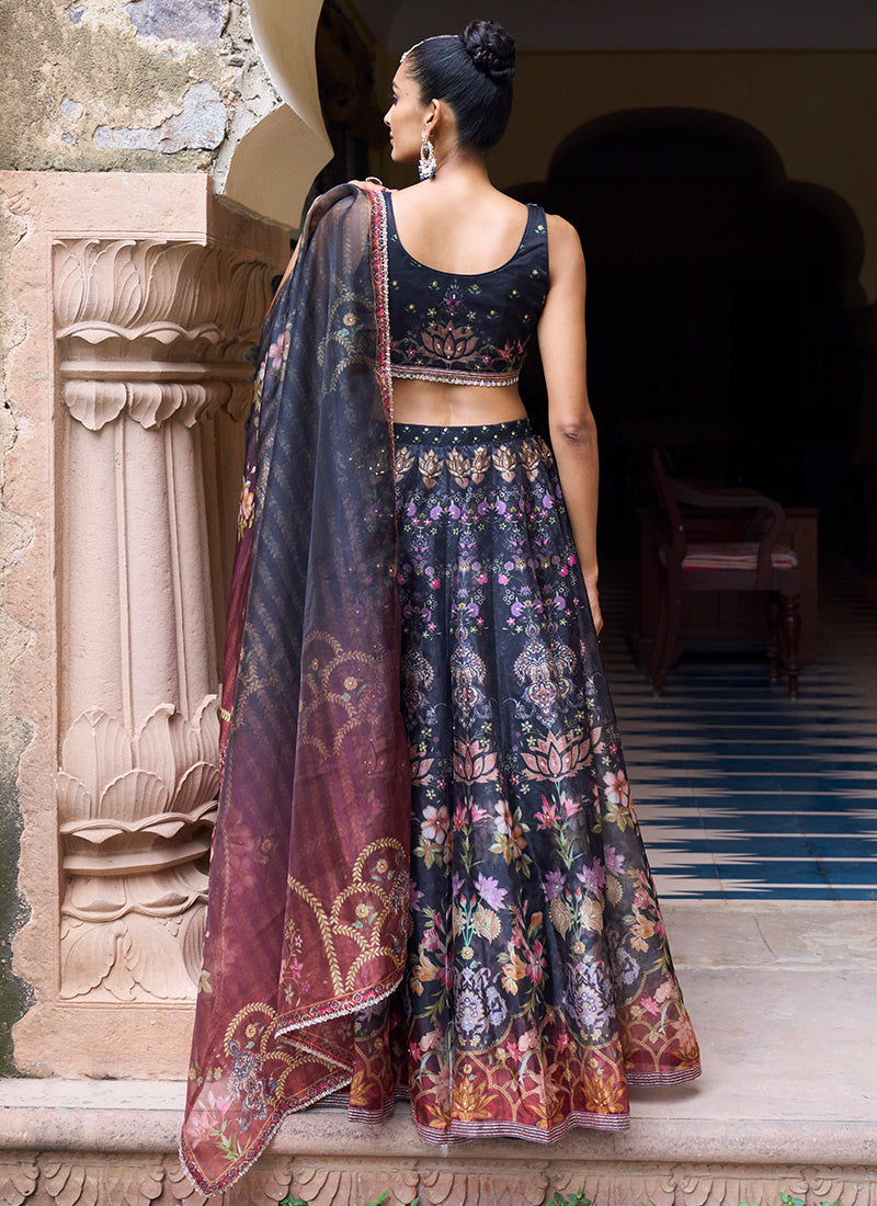 Black Printed Organza Lehenga
