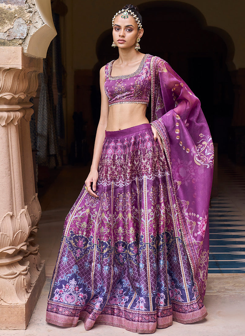 Purple Printed Organza Lehenga