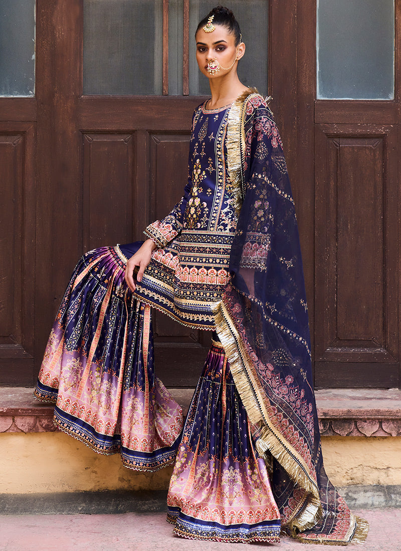 Deep Blue Satin Gharara Suit