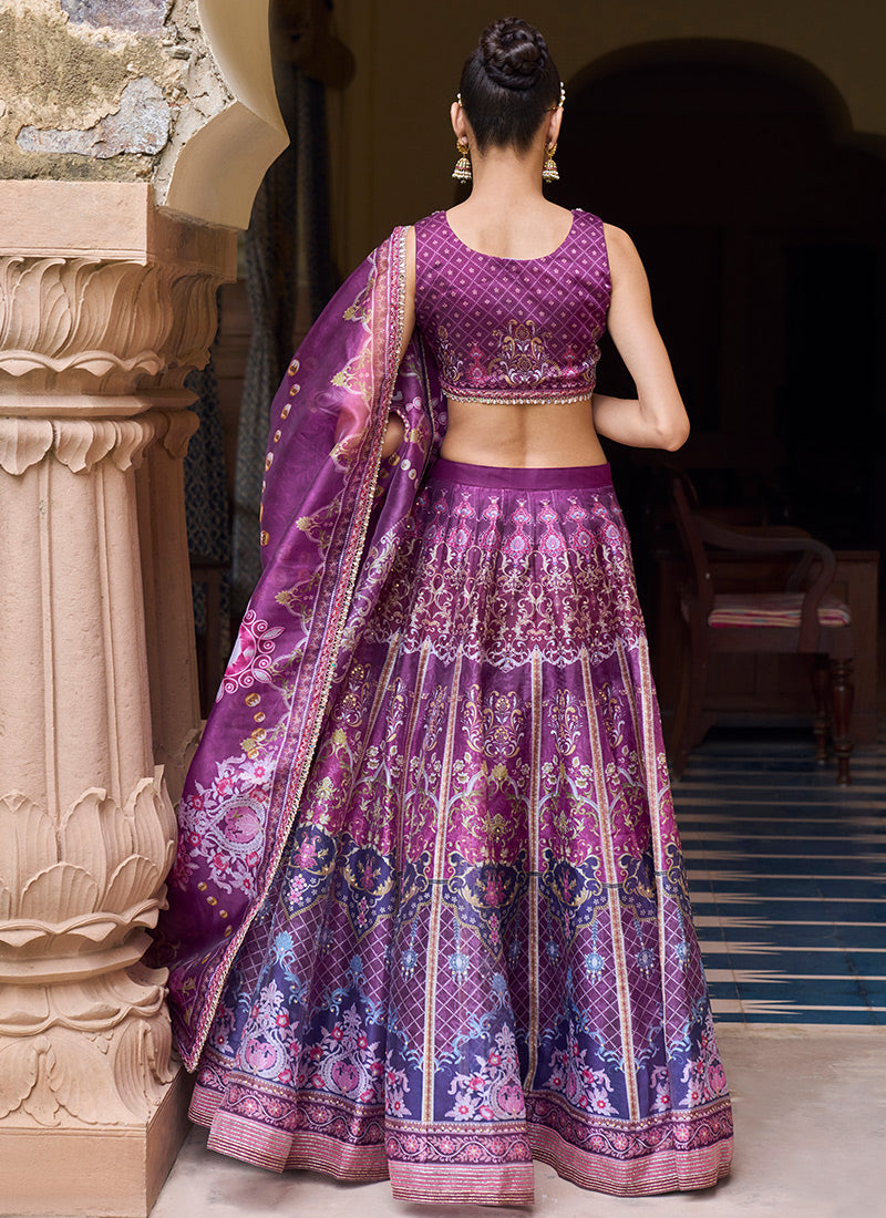 Purple Printed Organza Lehenga