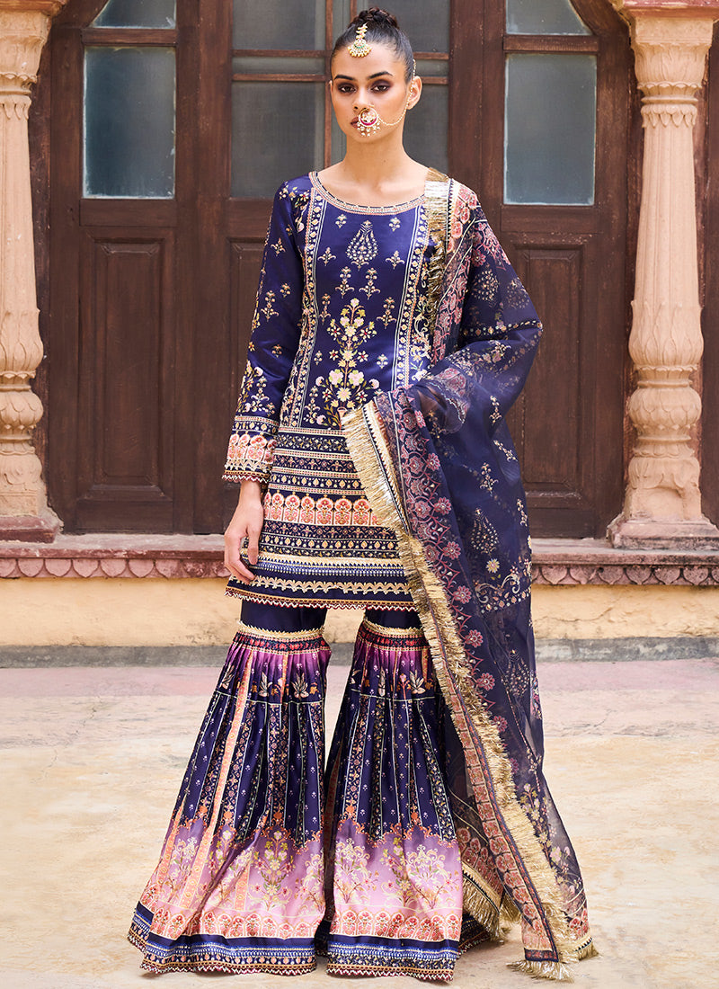 Deep Blue Satin Gharara Suit