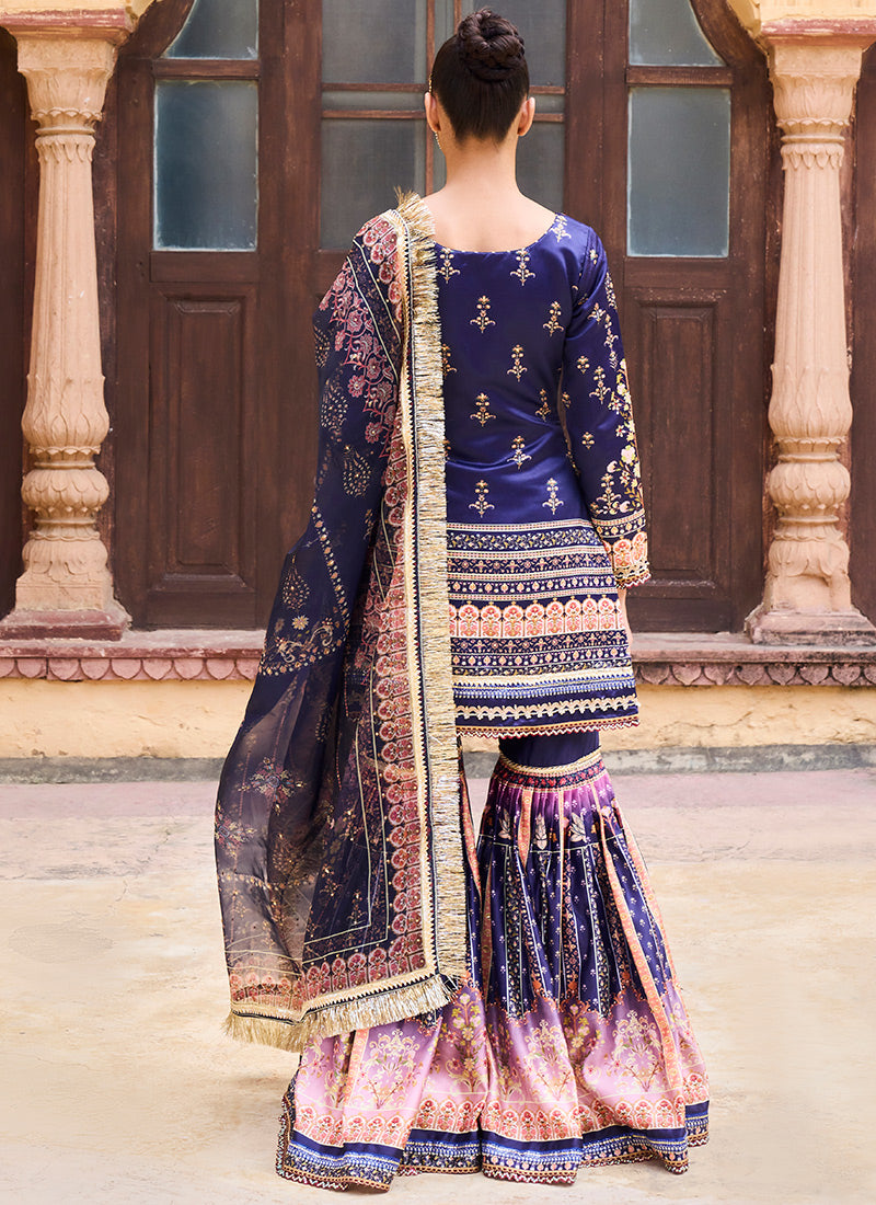 Deep Blue Satin Gharara Suit