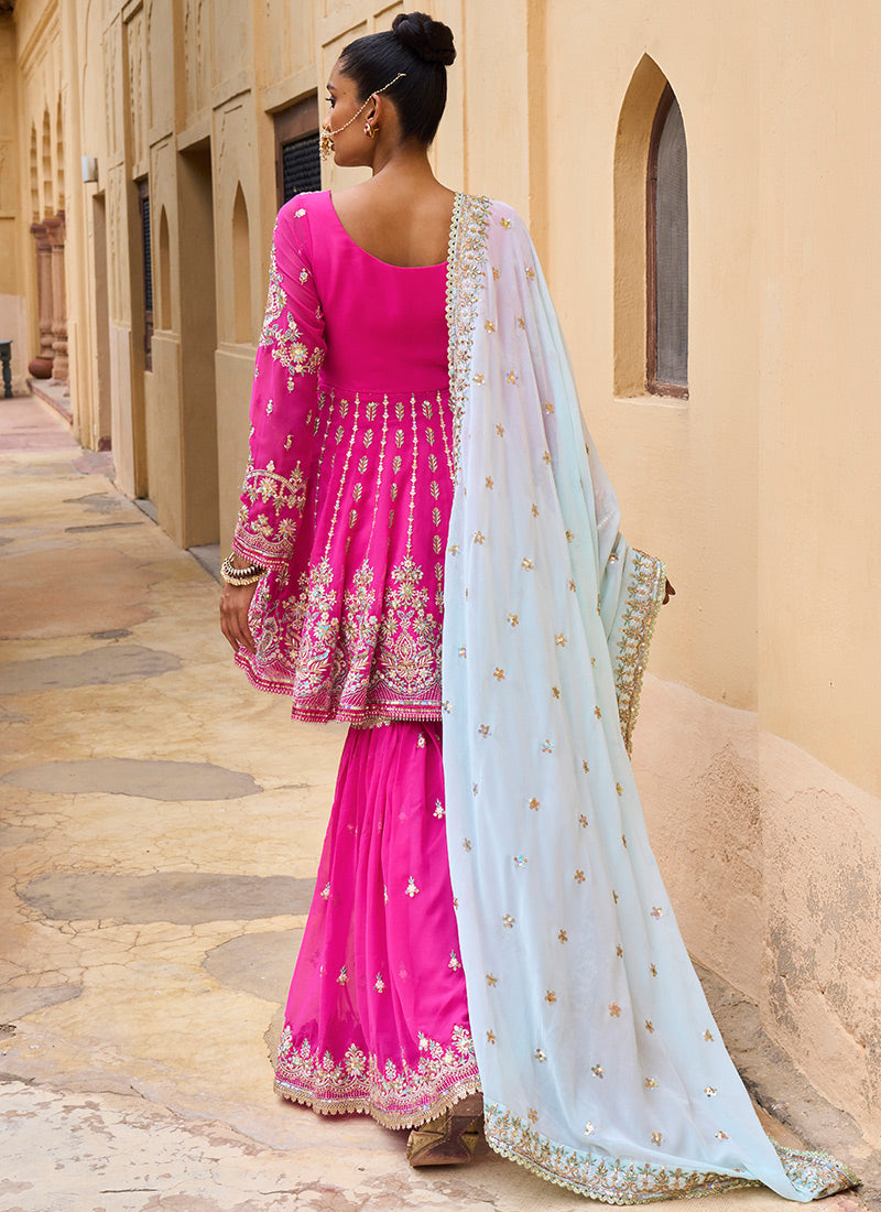 Hot Pink and Mint Georgette Gharara Suit