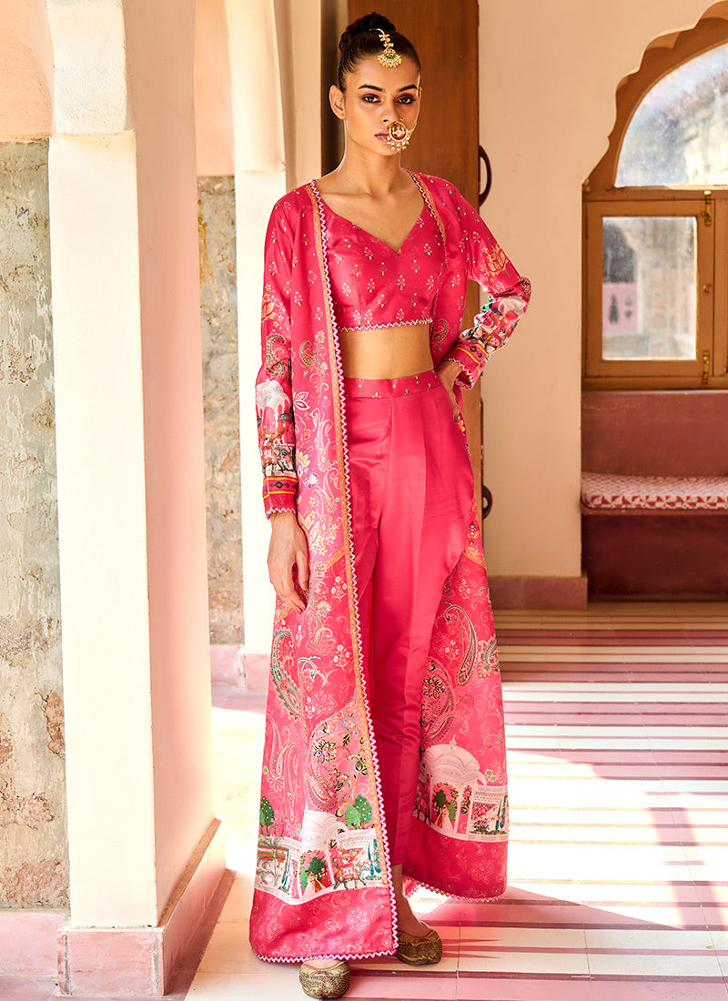 Red Crop Pant Set With Printed Jacket
