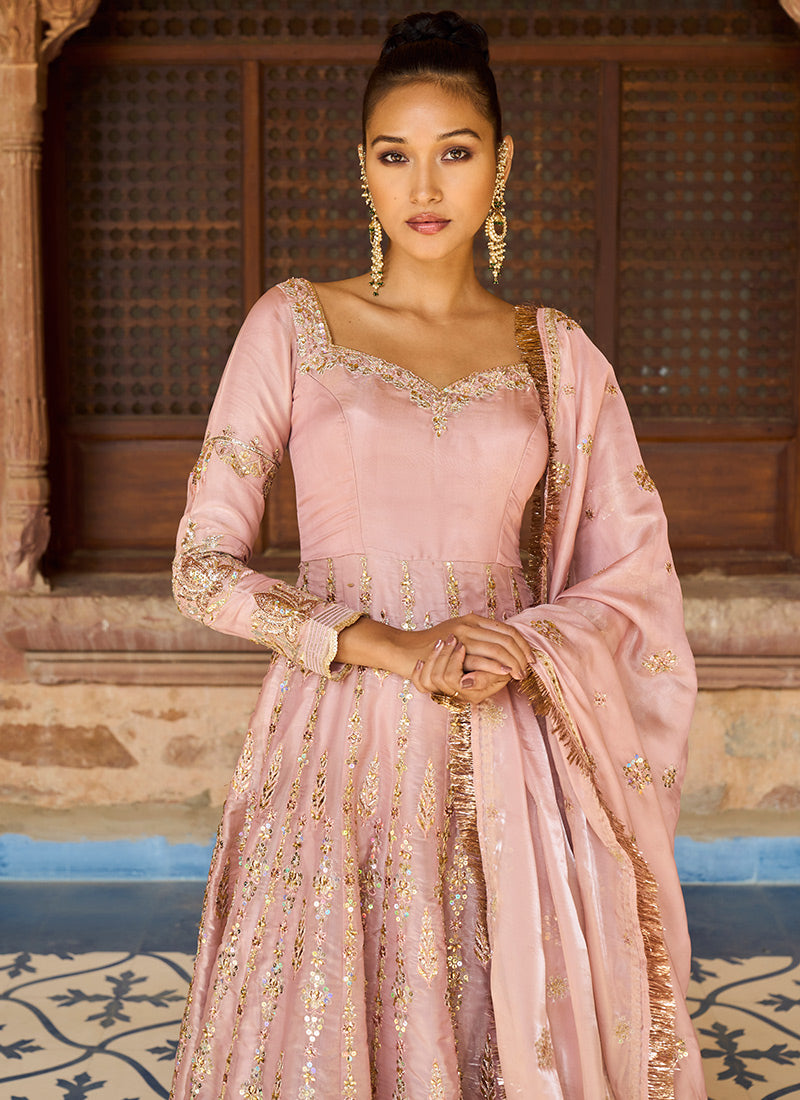 Rose Pink Satin Organza Anarkali