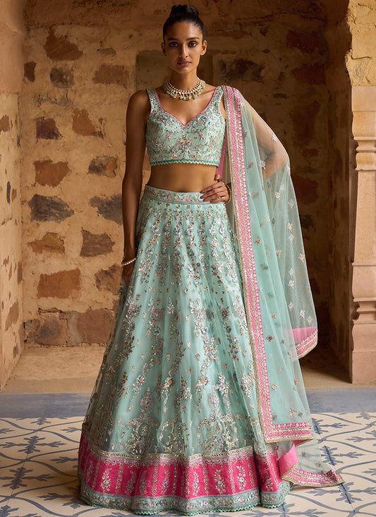Mint and Hot Pink Embroidered Net Lehenga