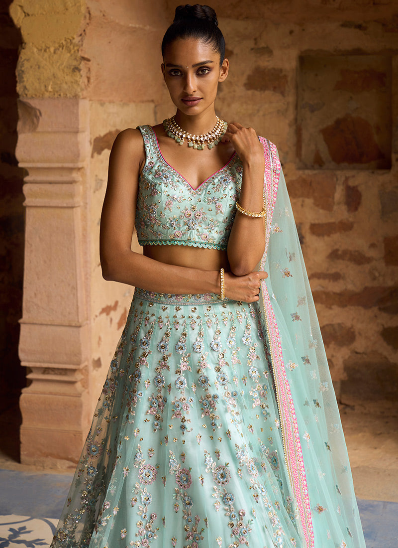 Mint and Hot Pink Embroidered Net Lehenga