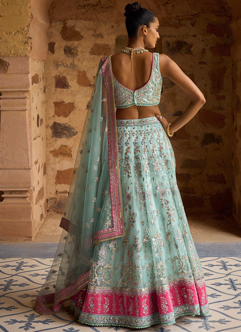 Mint and Hot Pink Embroidered Net Lehenga