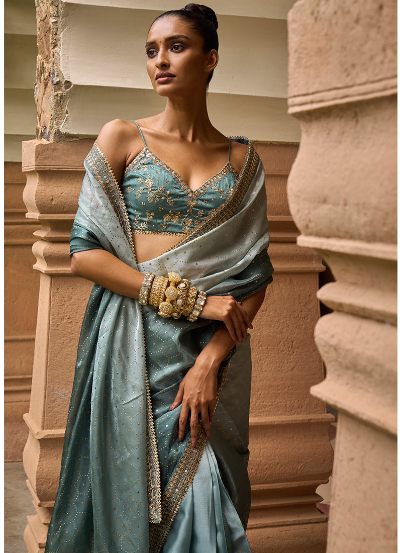 Multicolor Green Satin Organza Saree
