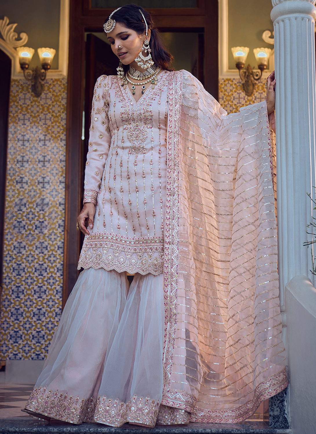 Off White Embroidered Gharara Suit