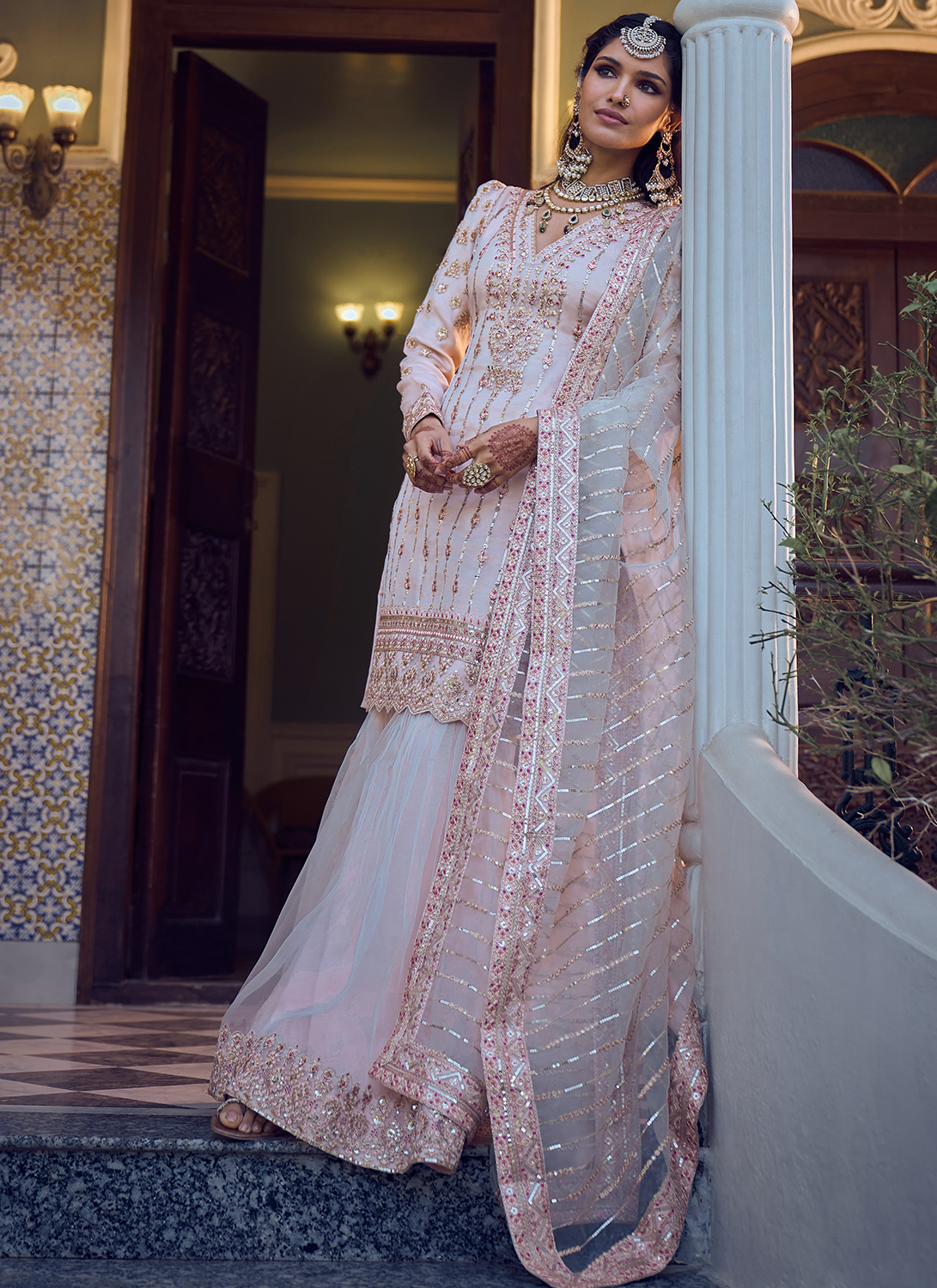 Off White Embroidered Gharara Suit