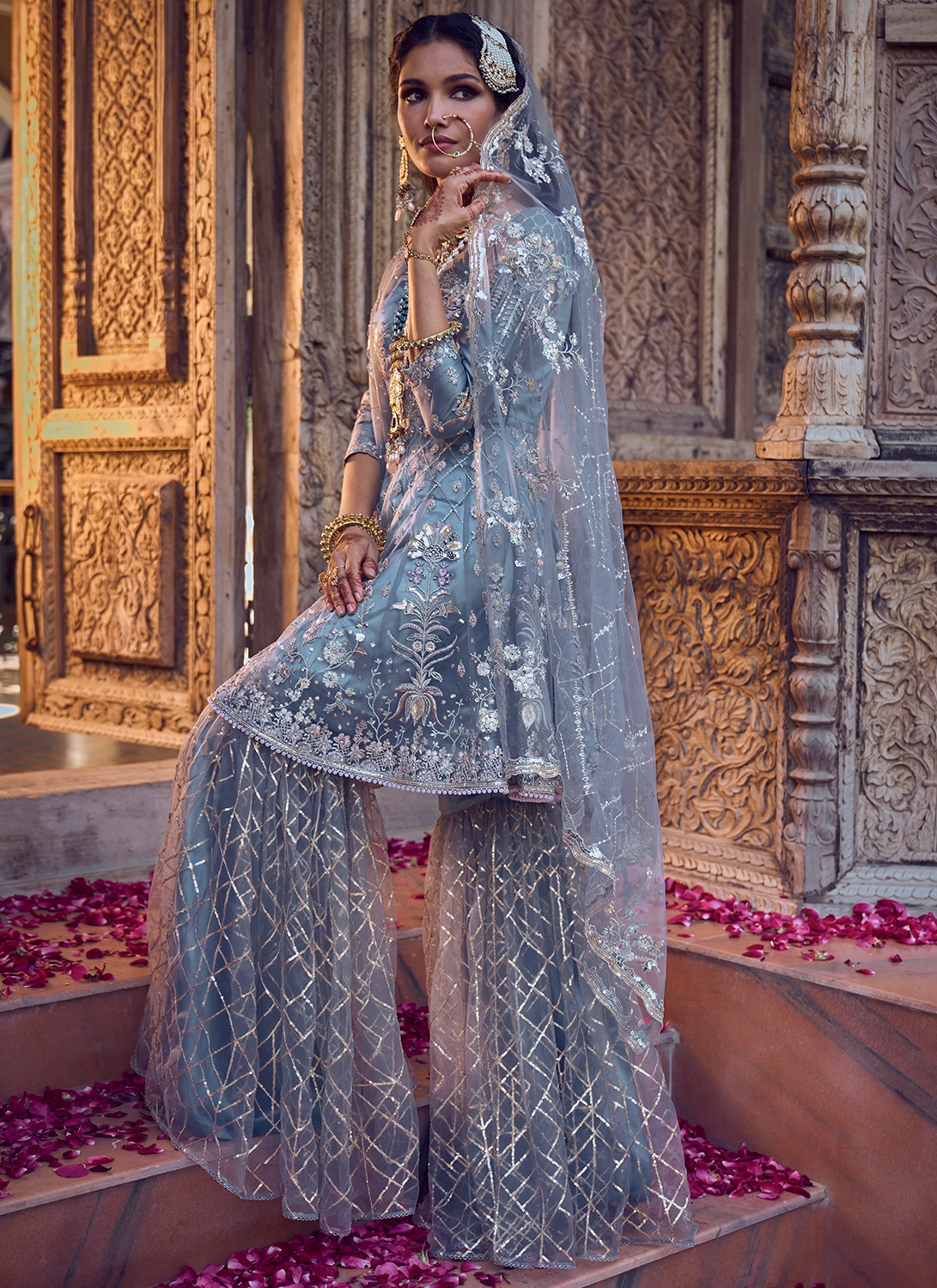 Dusty Blue Embroidered Gharara Suit