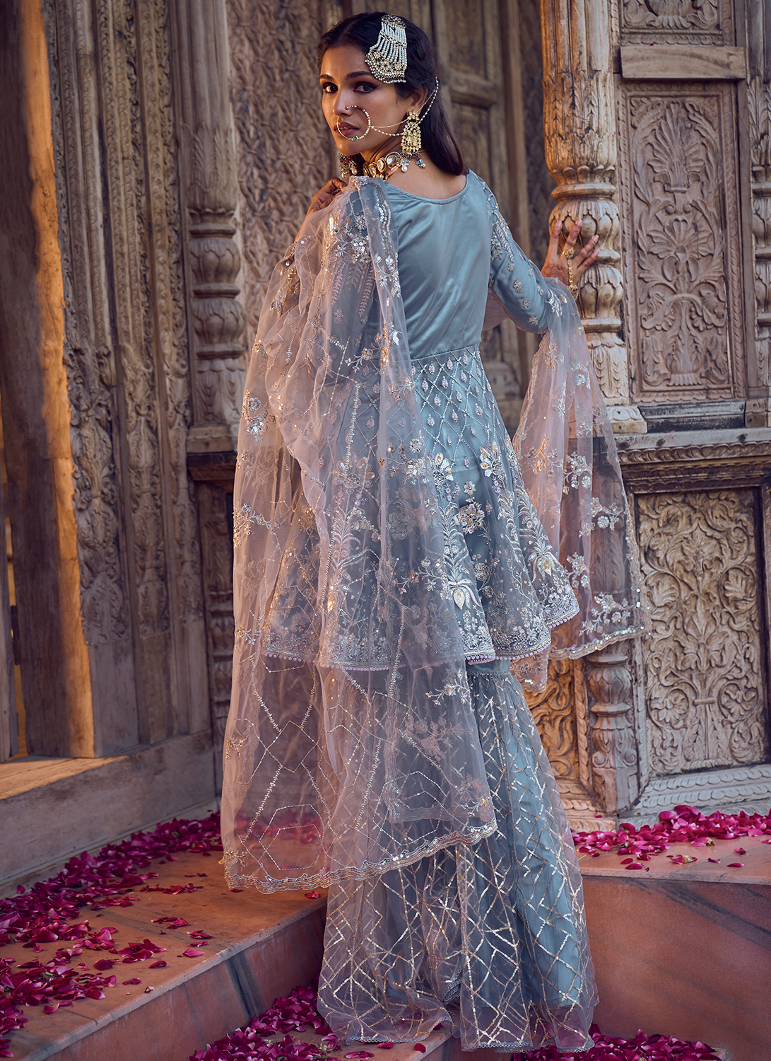 Dusty Blue Embroidered Gharara Suit