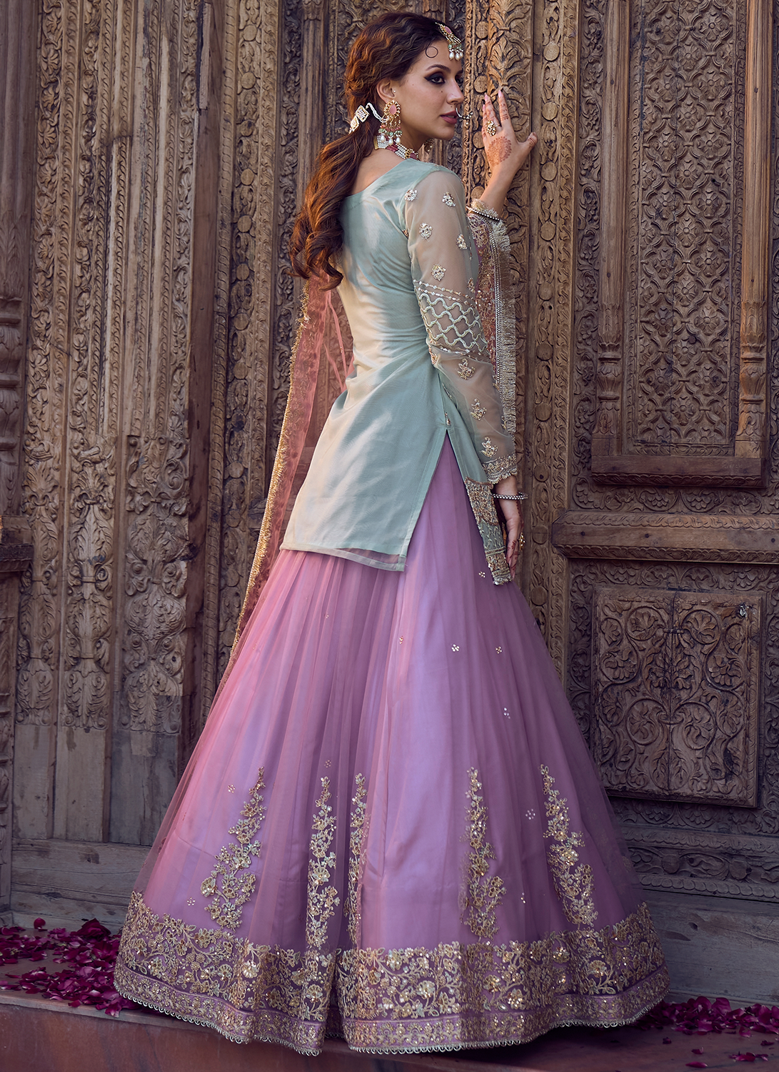 Mint and Light Purple Kurti Style Lehenga