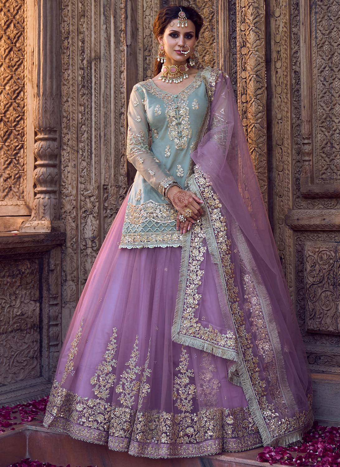 Mint and Light Purple Kurti Style Lehenga