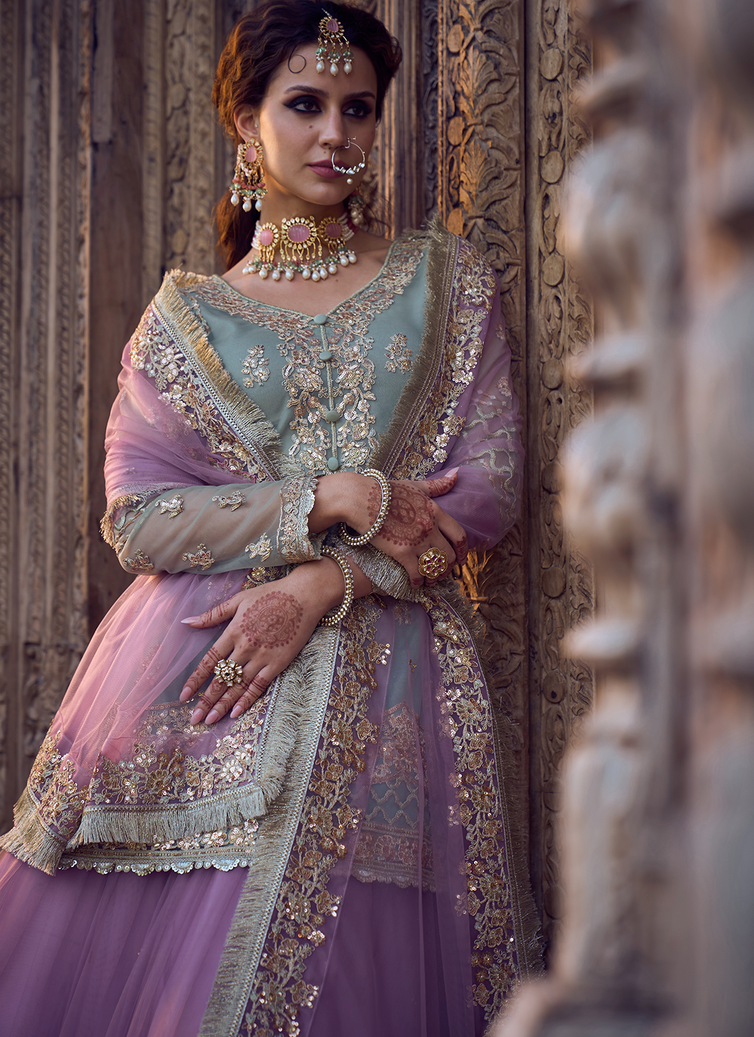 Mint and Light Purple Kurti Style Lehenga