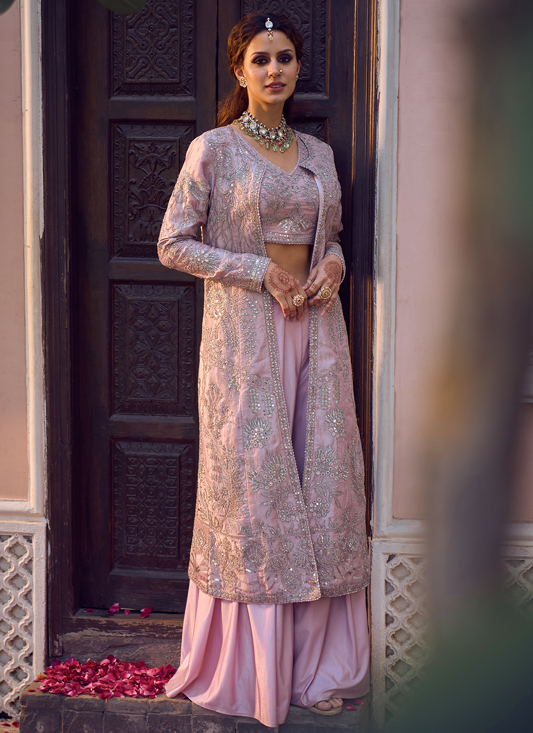 Lilac Embroidered Crop Jacket Set