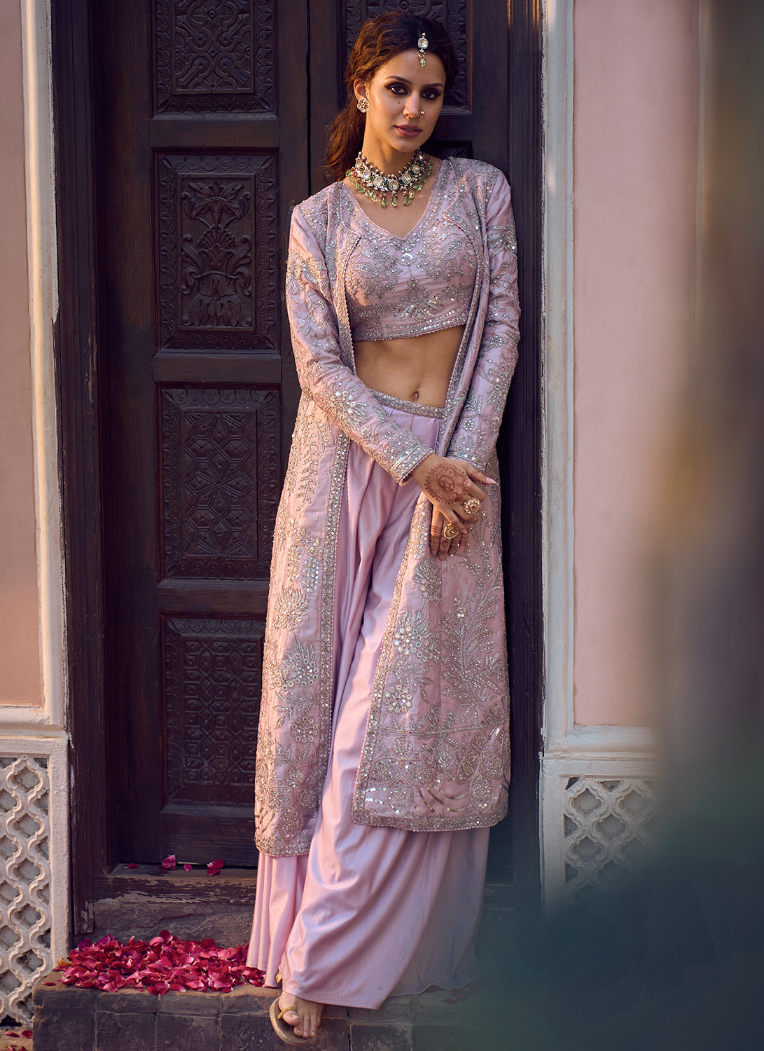 Lilac Embroidered Crop Jacket Set