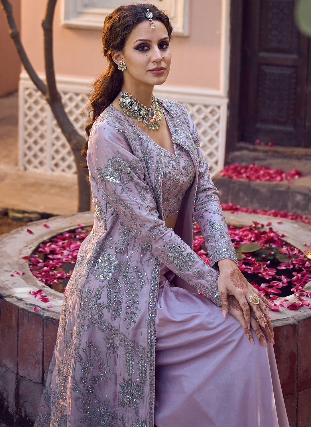 Lilac Embroidered Crop Jacket Set