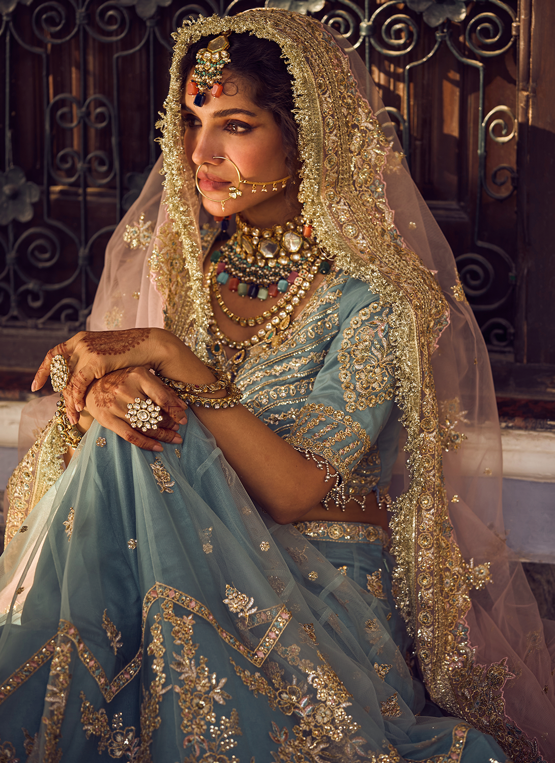 Blue and Light Pink Embroidered Lehenga