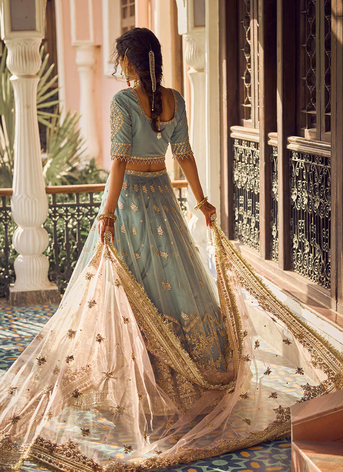 Blue and Light Pink Embroidered Lehenga