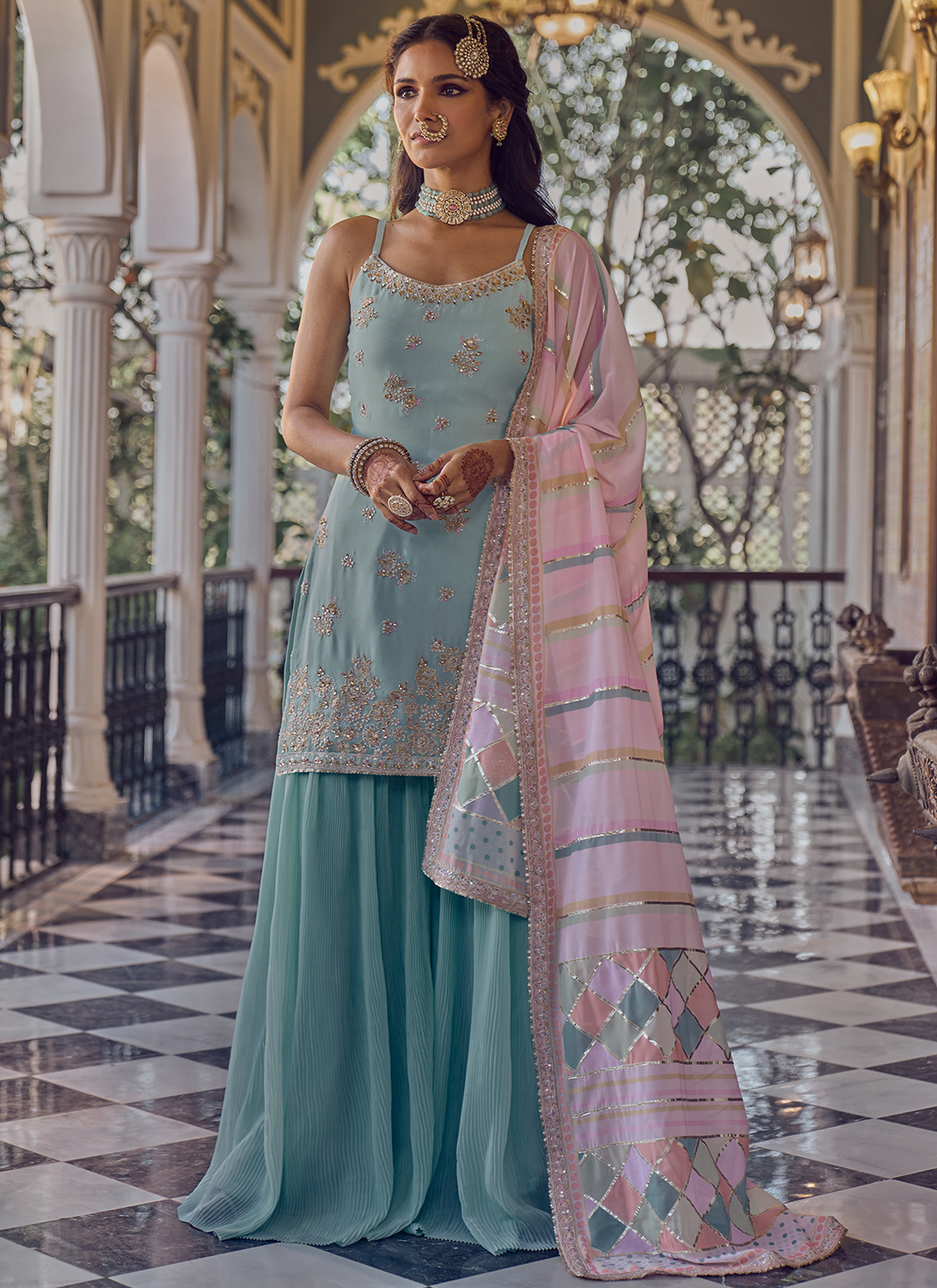 Light Blue Embroidered Sharara Suit