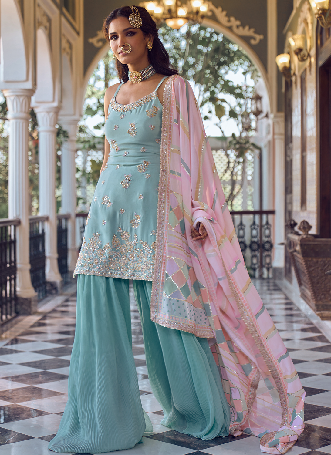 Light Blue Embroidered Sharara Suit