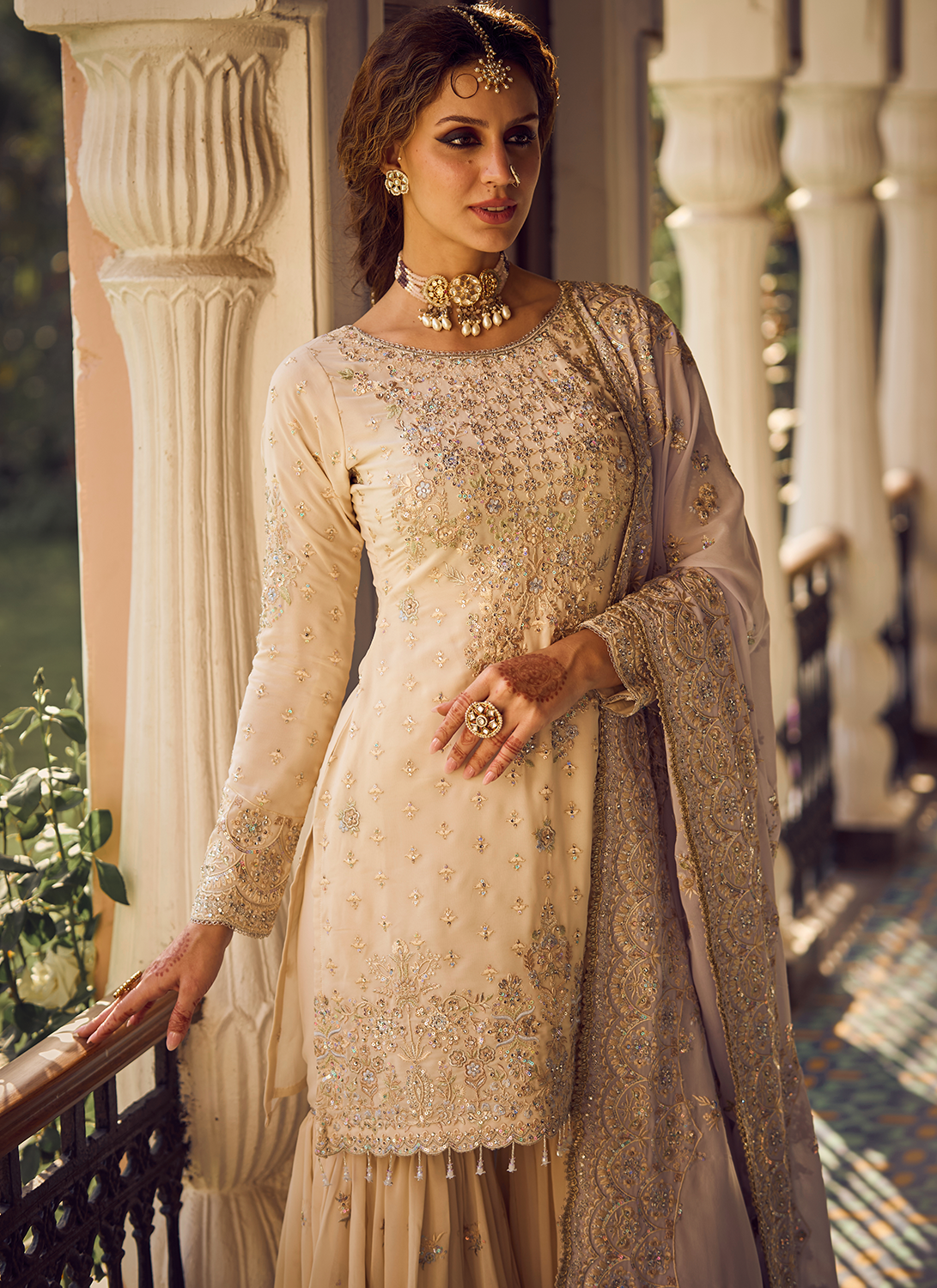 Cream and Lavender Embroidered Gharara Suit