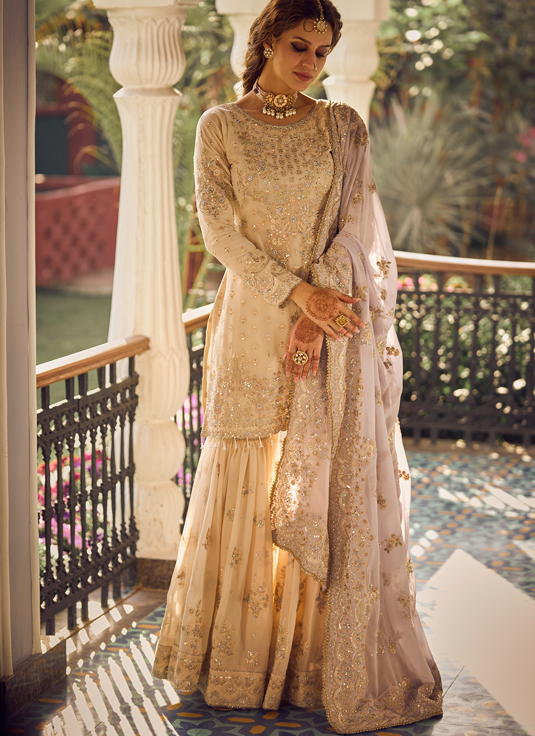 Cream and Lavender Embroidered Gharara Suit