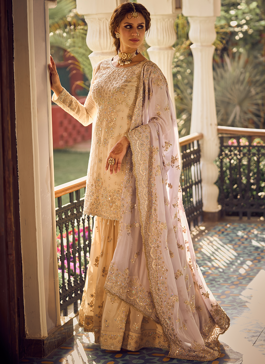 Cream and Lavender Embroidered Gharara Suit