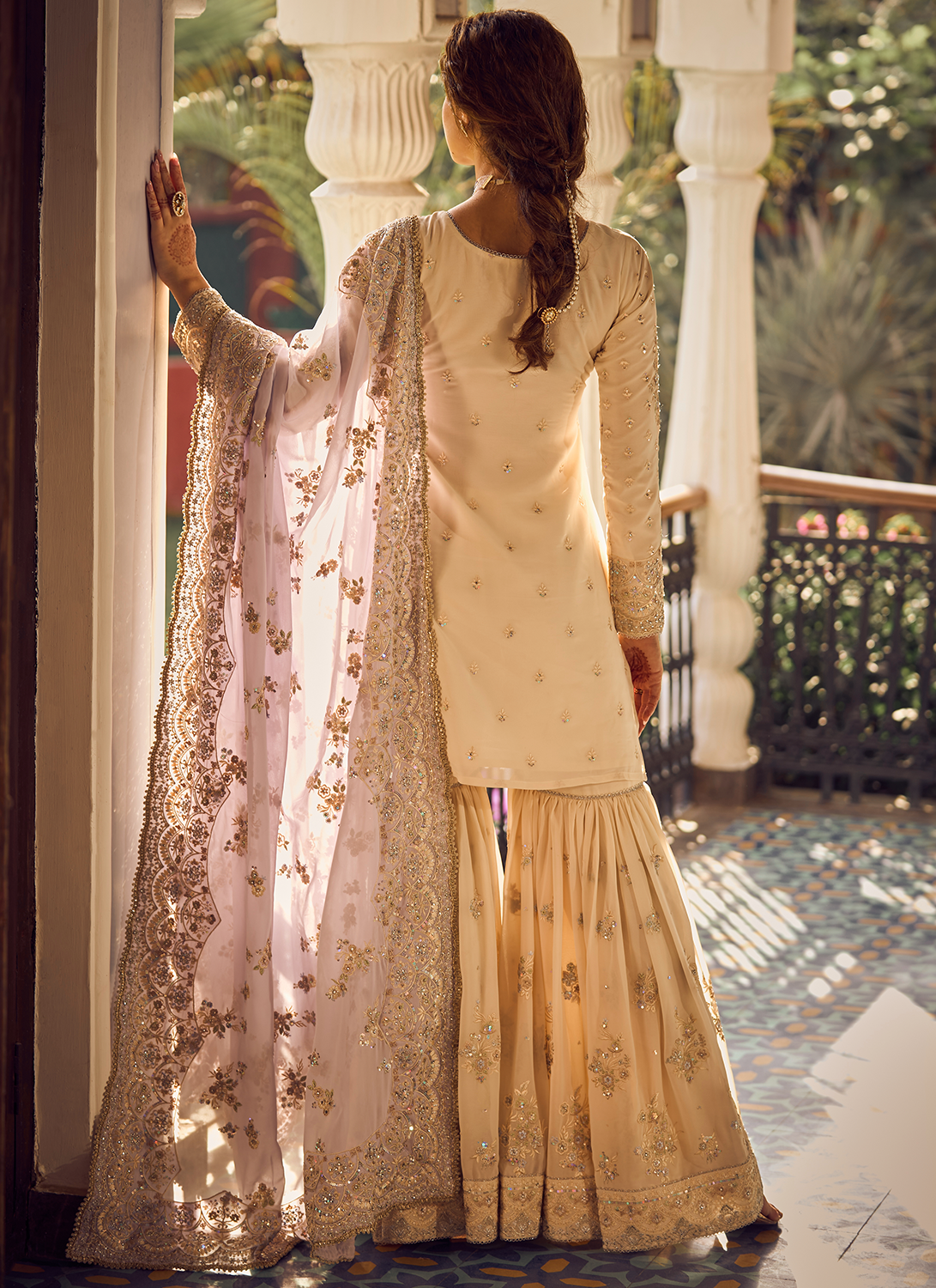 Cream and Lavender Embroidered Gharara Suit