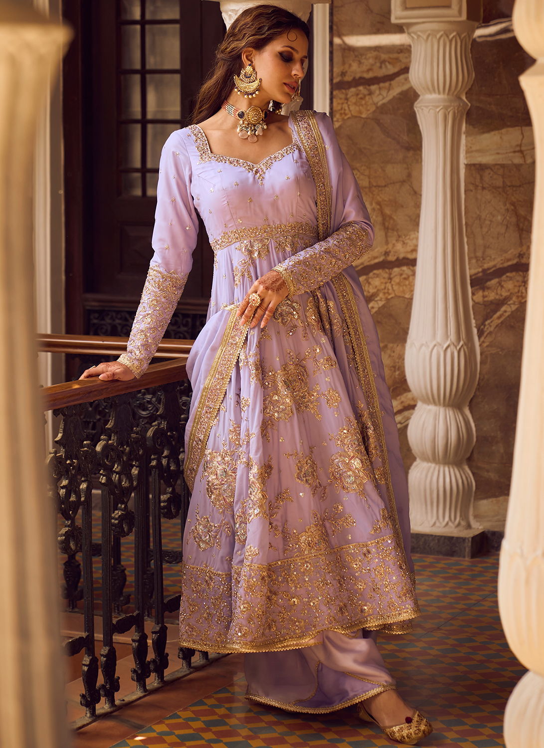 Lavender Embroidered Anarkali Palazzo Set