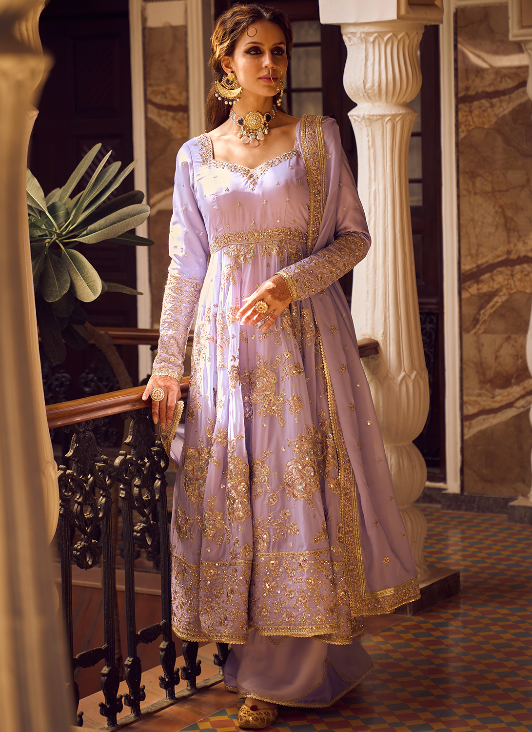 Lavender Embroidered Anarkali Palazzo Set