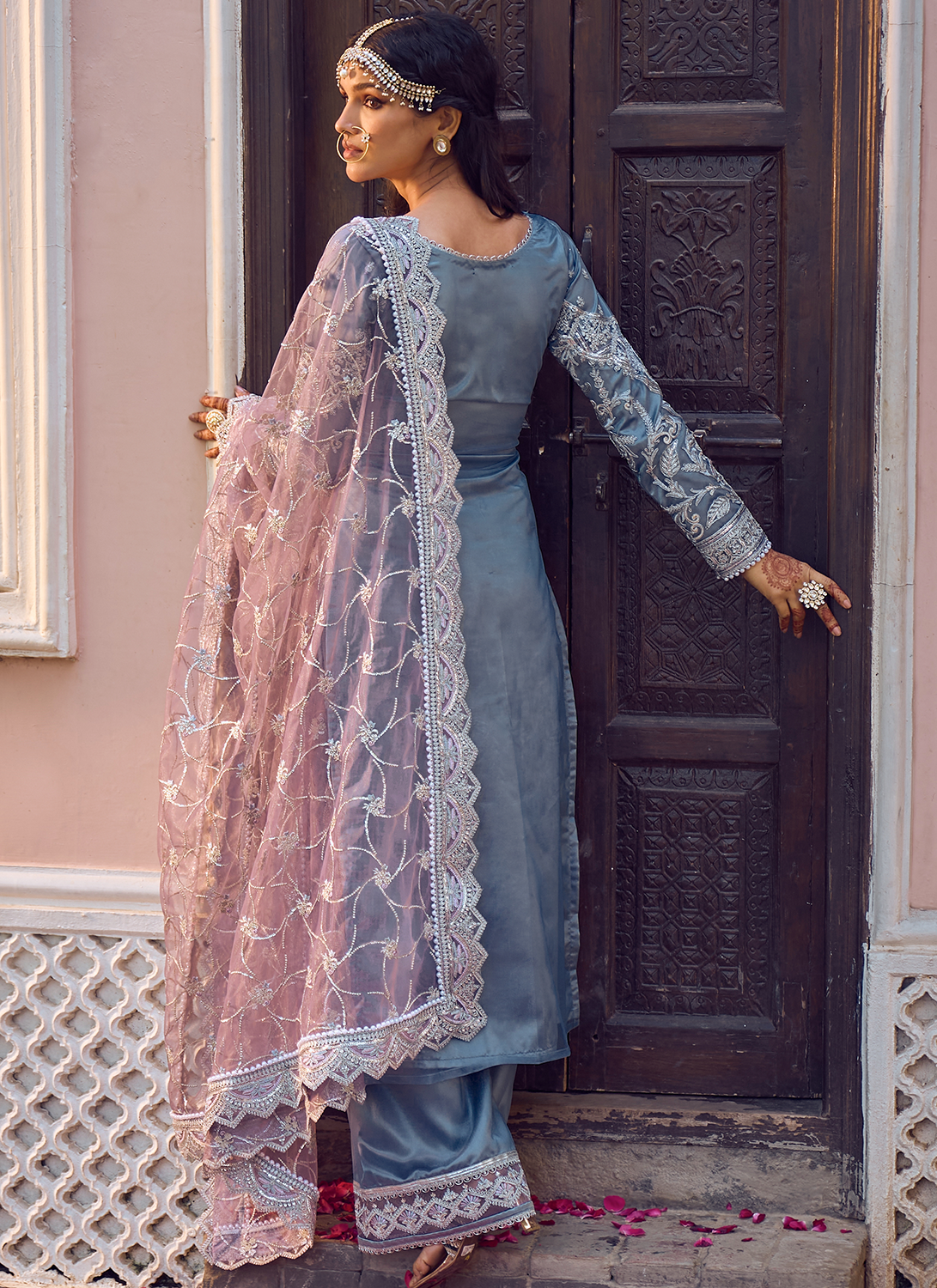 Dusty Blue and Purple Embroidered Palazzo Suit