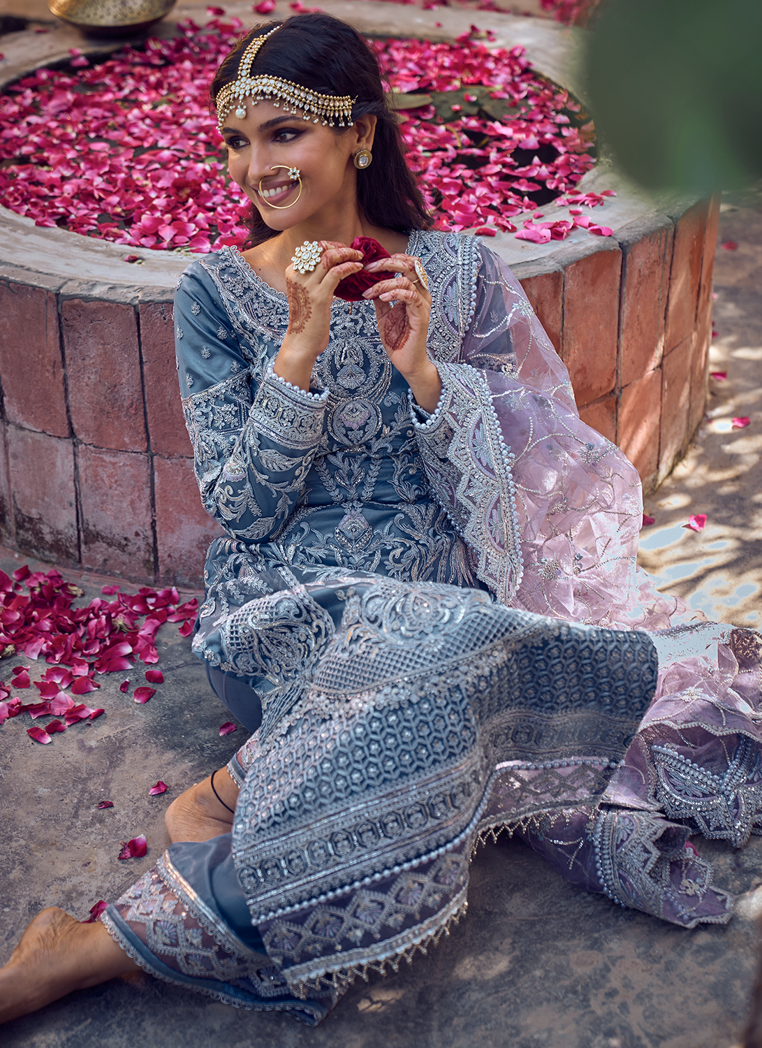 Dusty Blue and Purple Embroidered Palazzo Suit