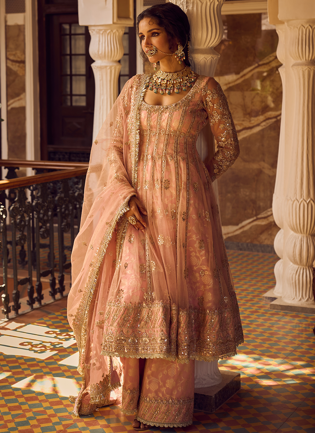 Light Pink Embroidered Anarkali Palazzo Set