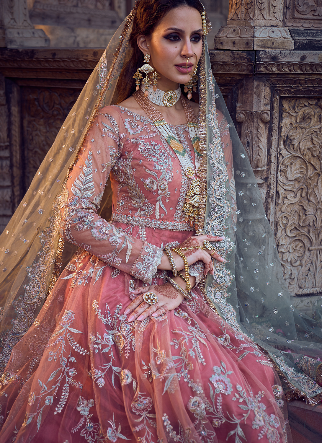 Coral and Mint Embroidered Anarkali Style Palazzo