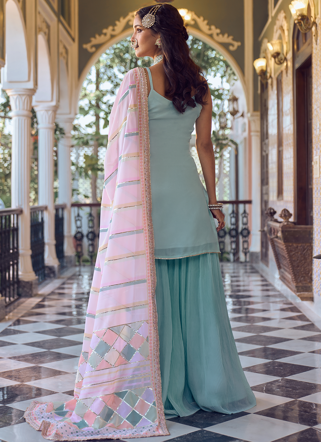 Light Blue Embroidered Sharara Suit