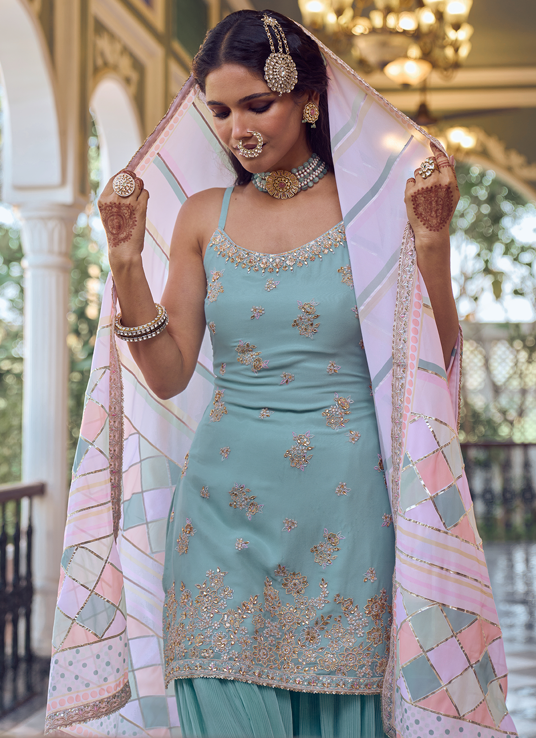 Light Blue Embroidered Sharara Suit