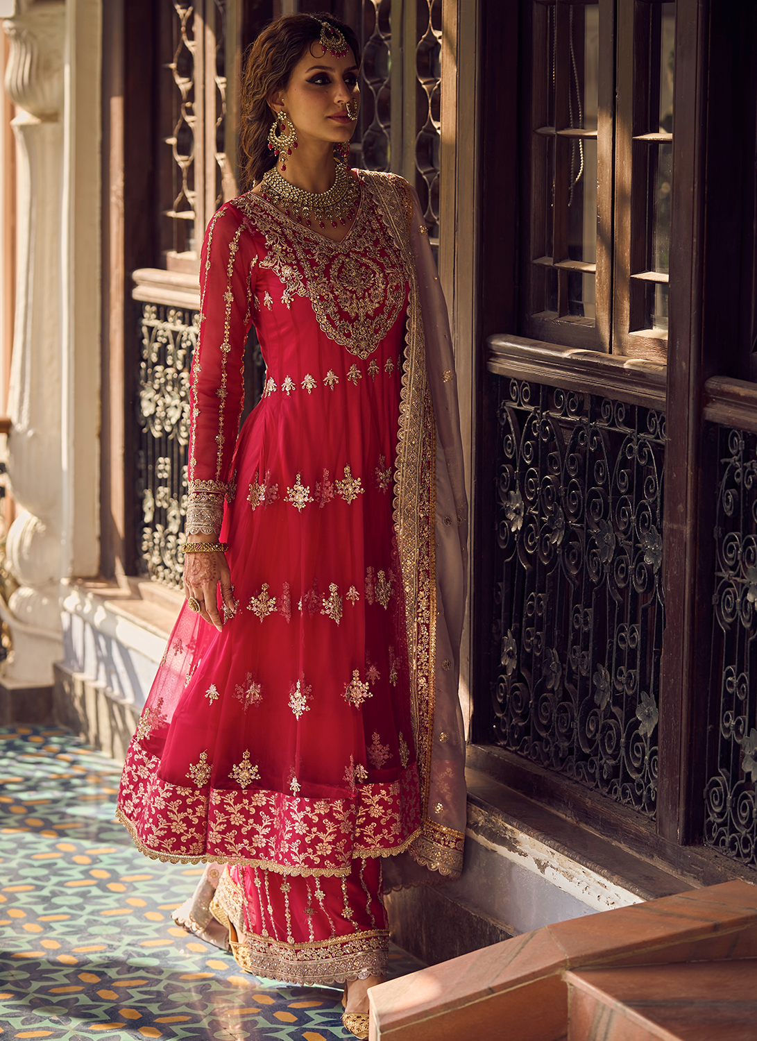 Hot Pink Embroidered Anarkali Palazzo Set