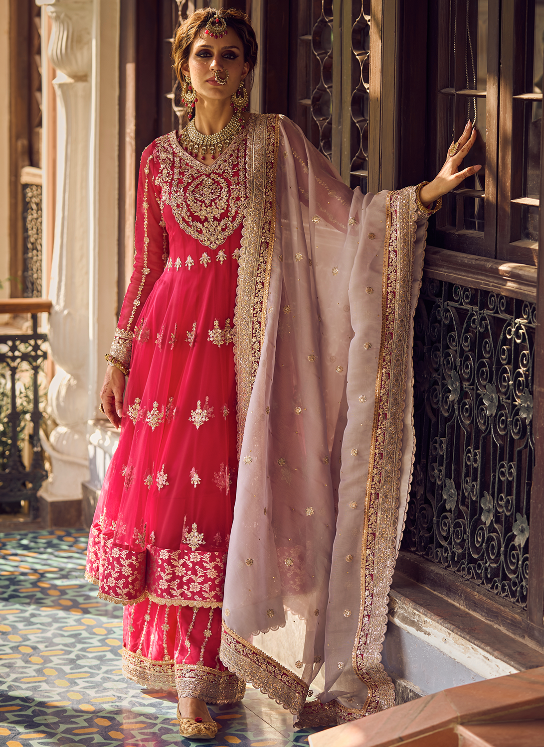 Hot Pink Embroidered Anarkali Palazzo Set
