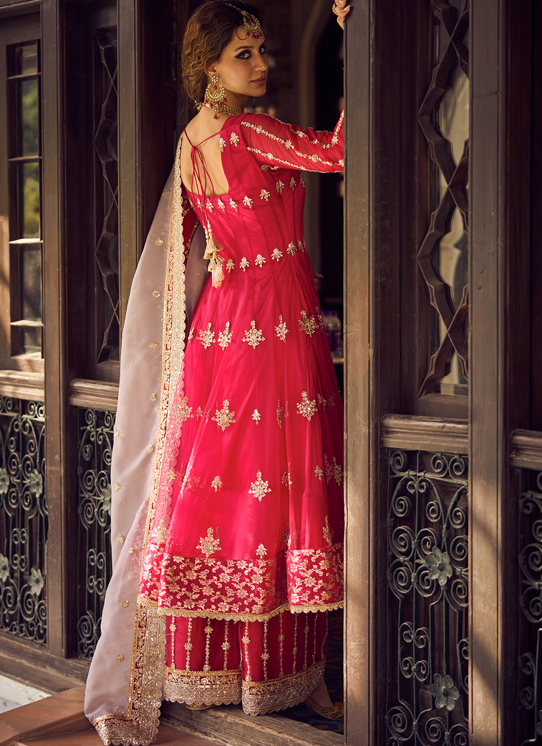 Hot Pink Embroidered Anarkali Palazzo Set