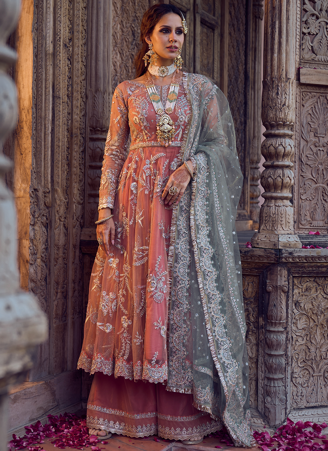 Coral and Mint Embroidered Anarkali Style Palazzo