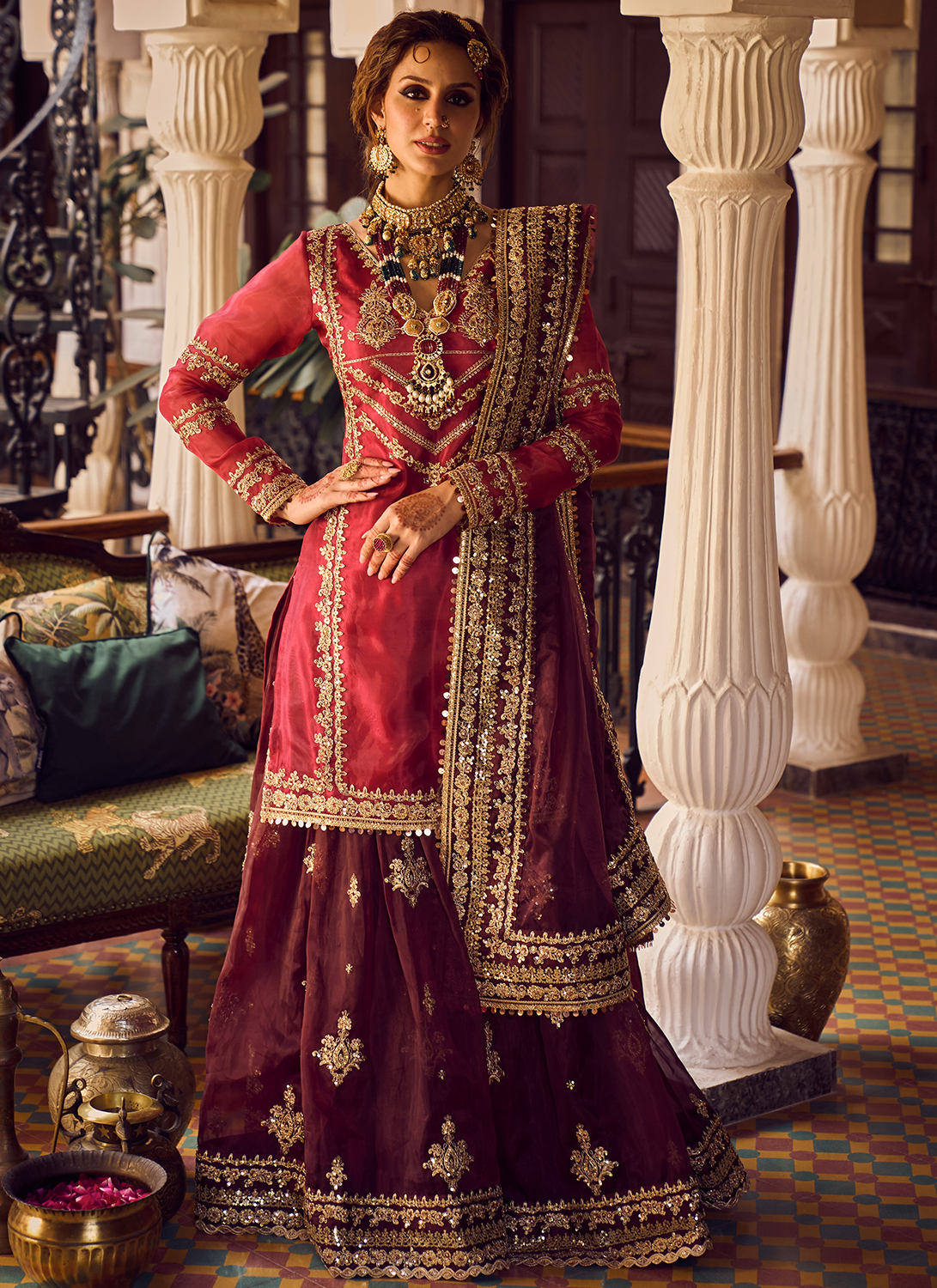 Red and Maroon Embroidered Sharara Suit